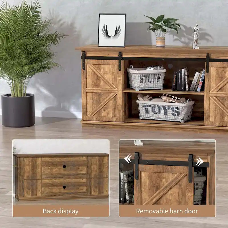TV-Ständer mit 2 Ablagen für Fernseher von 43 bis 65. Schlichter moderner Mid-Century-Stil im Landhausstil mit Scheunentor - einfach etwas zu verstauen