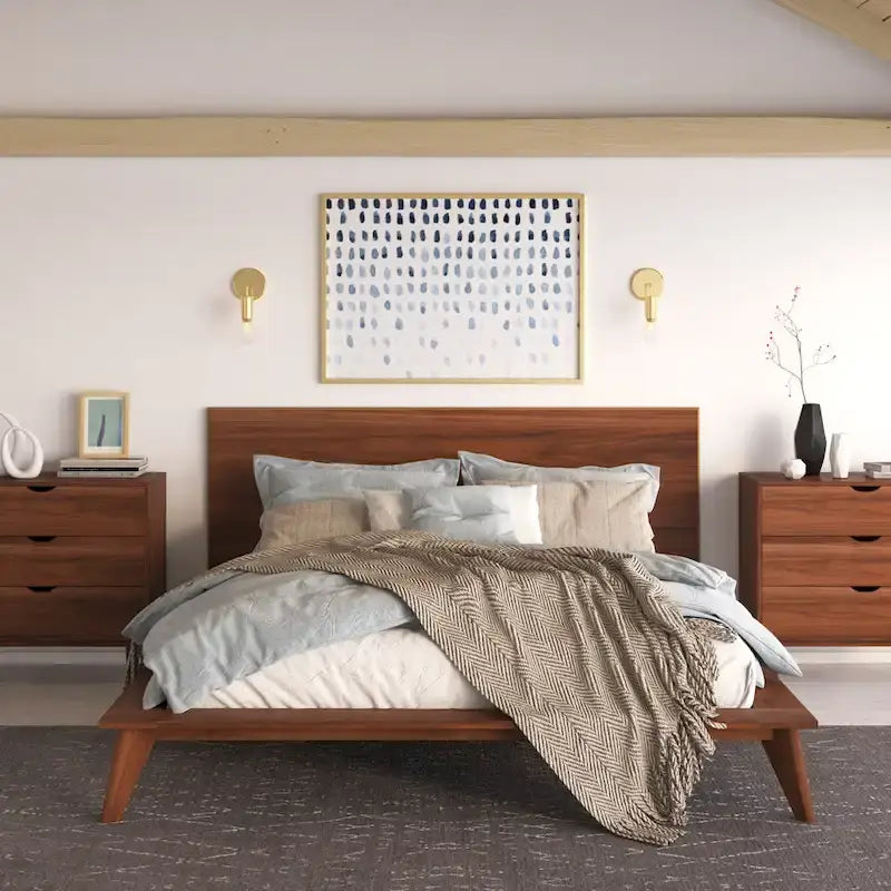 Letto a piattaforma king size con testiera impiallacciata in noce