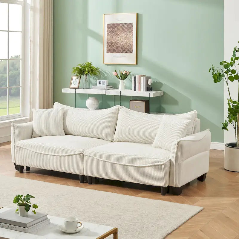 Corduroy fabric sofa with 2 throw pillows