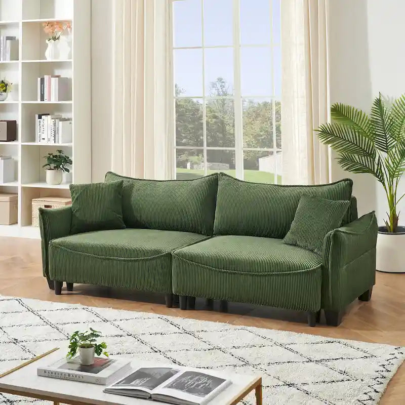 Corduroy fabric sofa with 2 throw pillows