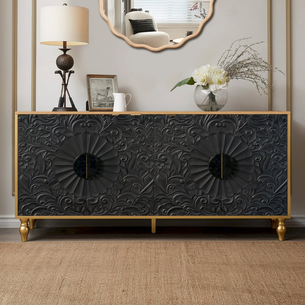 Carved Symmetrical Design Door Storage Cabinet