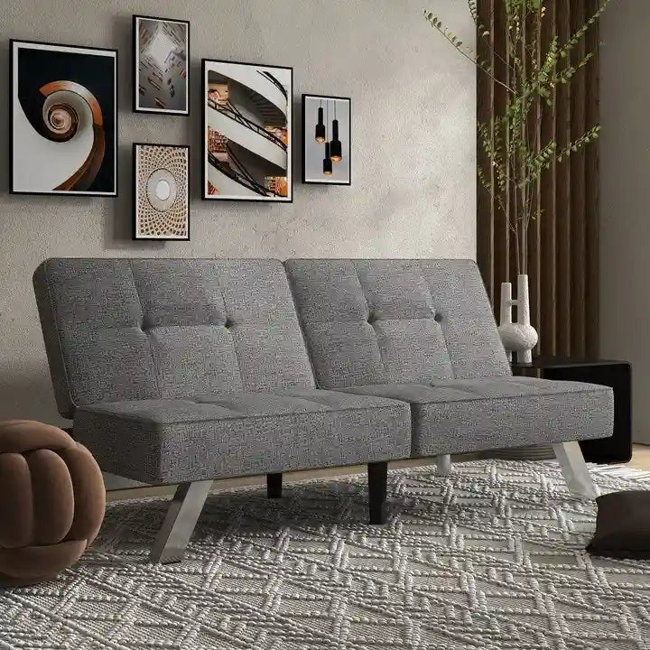 Sofá cama futón plegable convertible moderno tapizado en lino para espacios habitables compactos