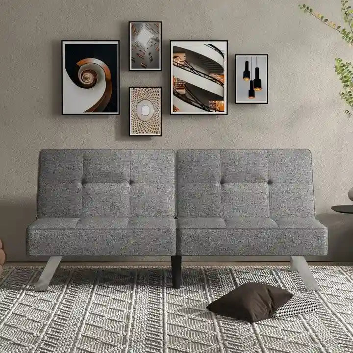 Sofá cama futón plegable convertible moderno tapizado en lino para espacios habitables compactos