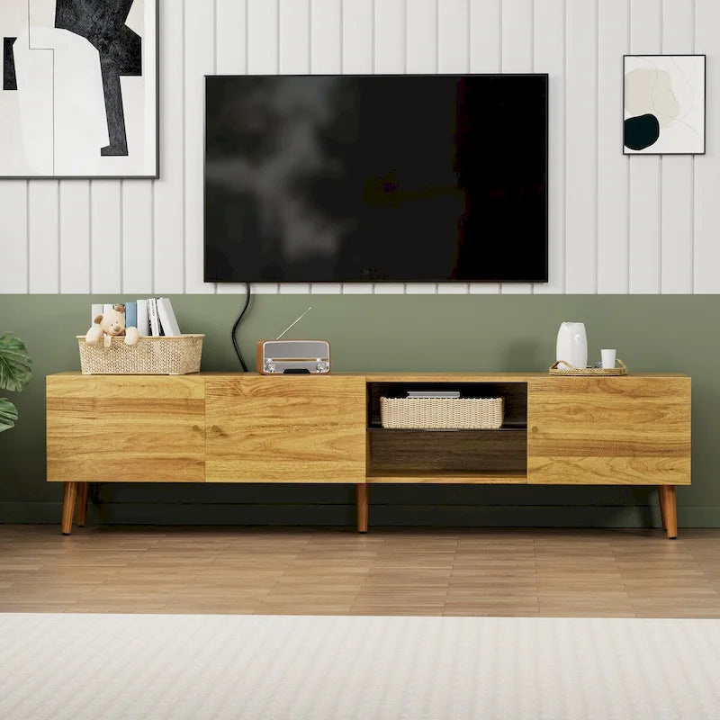Moderne TV-Medienkonsole im Mid-Century-Stil mit Stauraum und 3 Türen, 70 Zoll breit