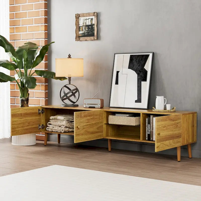 Moderne TV-Medienkonsole im Mid-Century-Stil mit Stauraum und 3 Türen, 70 Zoll breit