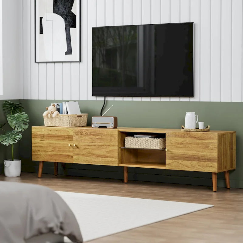 Moderne TV-Medienkonsole im Mid-Century-Stil mit Stauraum und 3 Türen, 70 Zoll breit