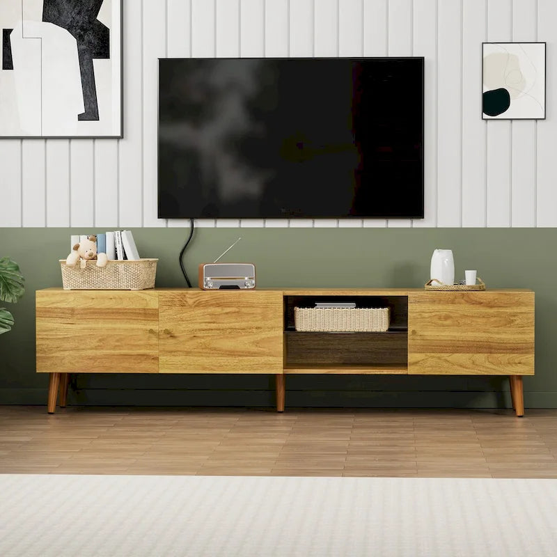 Moderne TV-Medienkonsole im Mid-Century-Stil mit Stauraum und 3 Türen, 70 Zoll breit