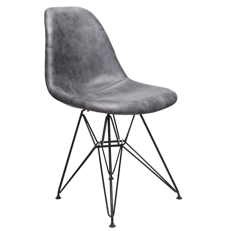 Silla auxiliar lateral de comedor tapizada en cuero sintético gris frío con pata de acero negro