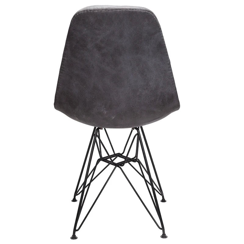Silla auxiliar lateral de comedor tapizada en cuero sintético gris frío con pata de acero negro