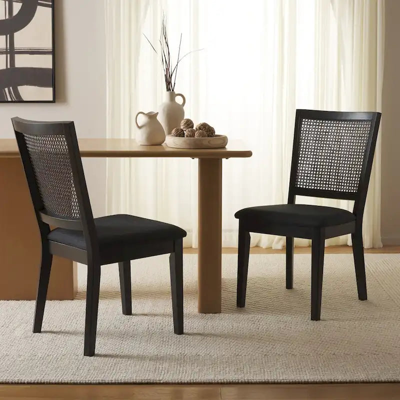 Set di 2 sedie da pranzo, schienale in rattan in stile country francese con finitura Jet, 20"W × 23"D × 37"H